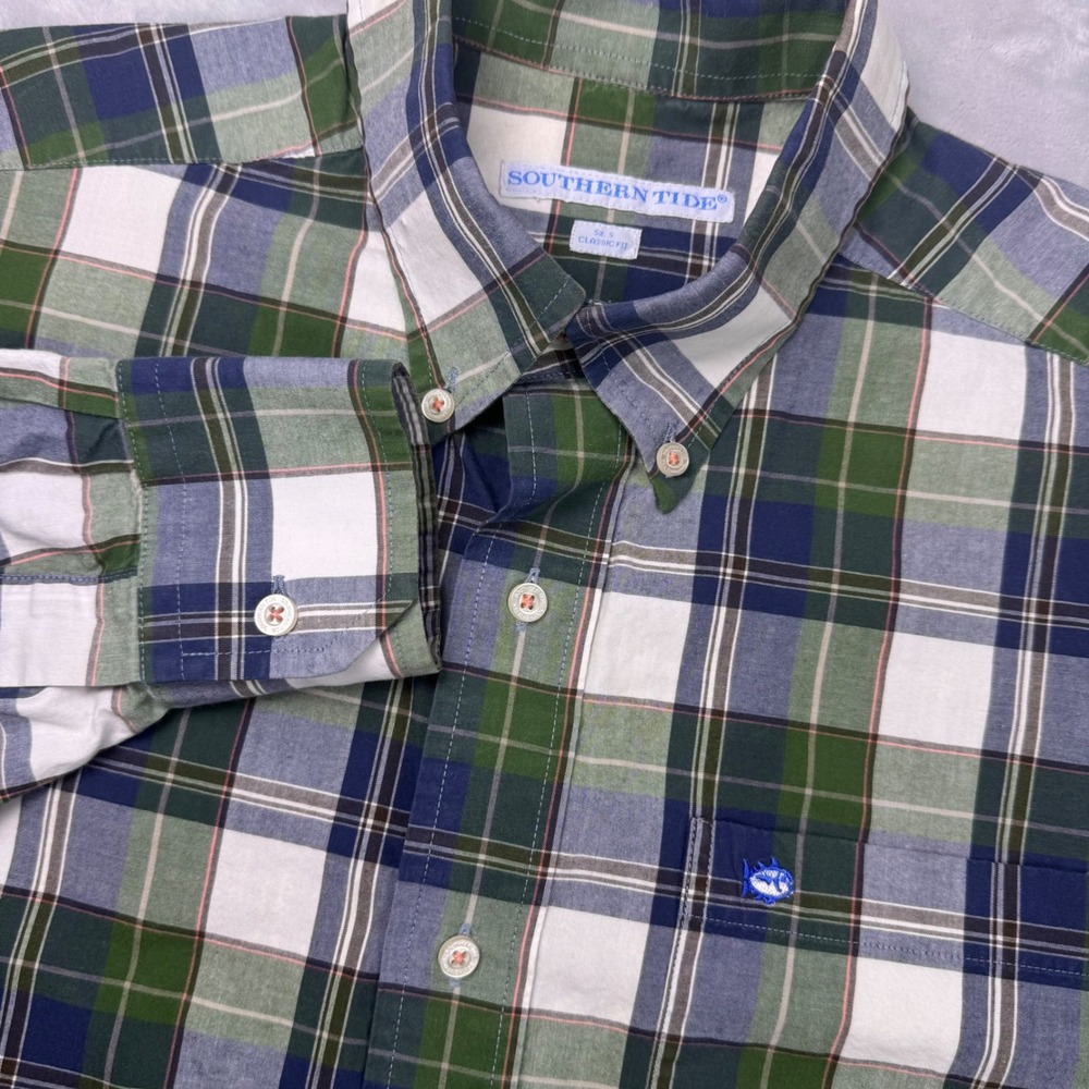 Southern Tide Mens Small Classic Fit Plaid Button Down Shirt Green Navy Cotton